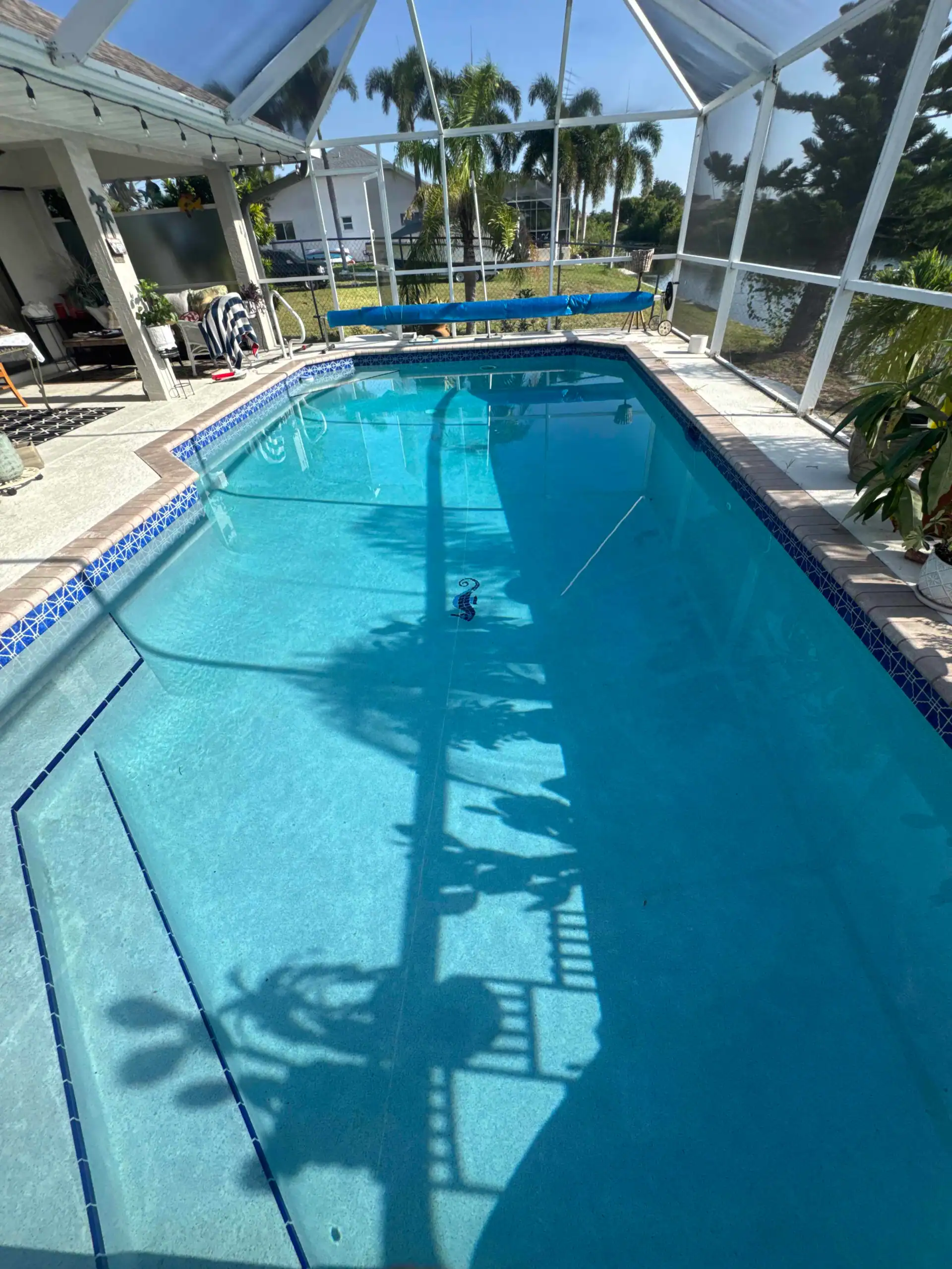 Clear blue backyard swimming pool under screened enclosure